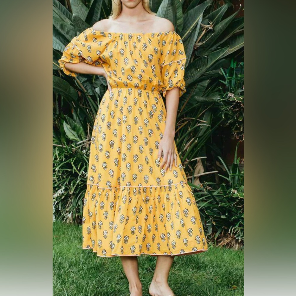 RHODE Yellow Floral Off The Shoulder Midi Dress- M